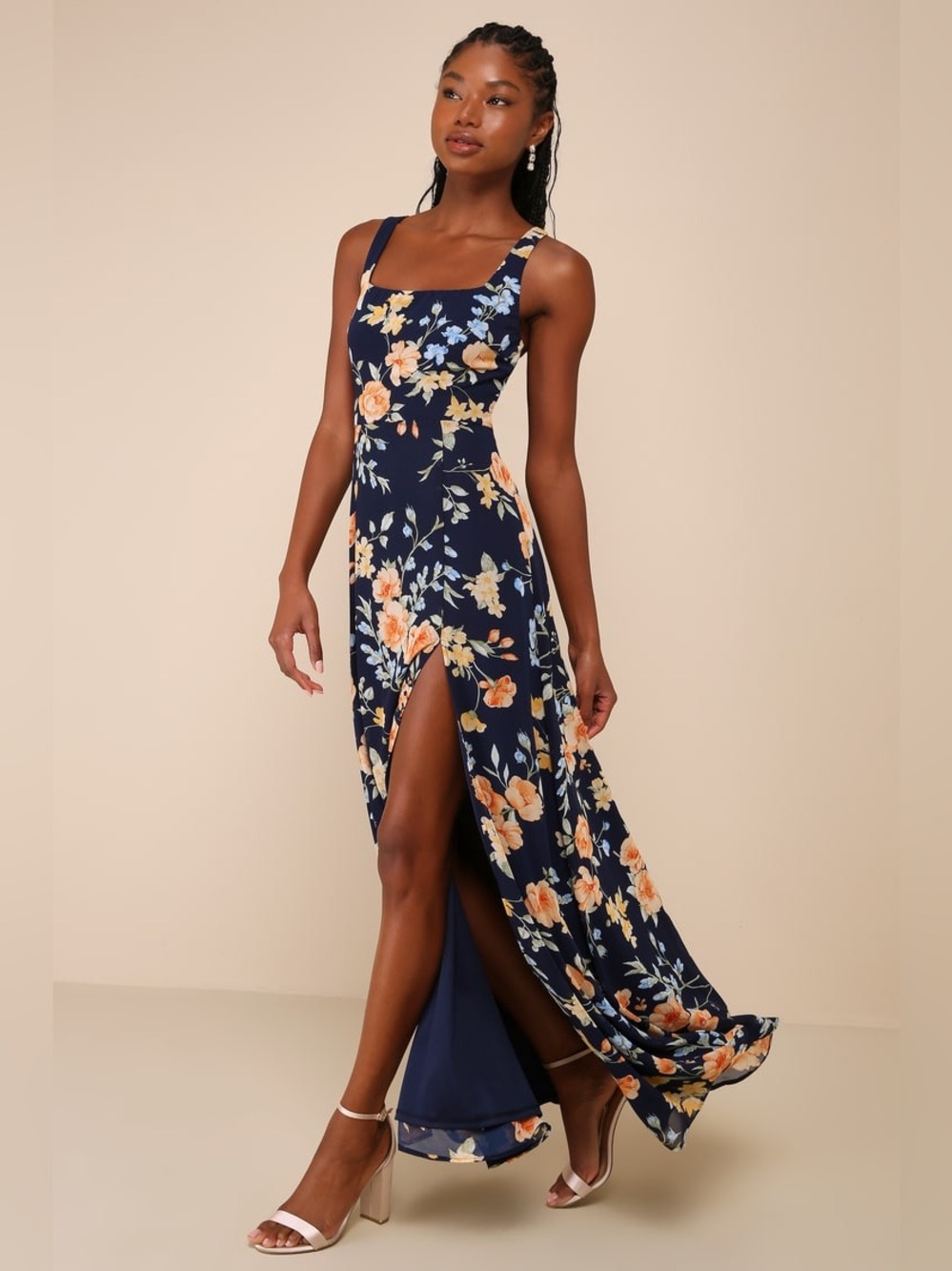 Lulus Remarkable Arrival Navy Blue Floral Sleeveless Maxi Dress